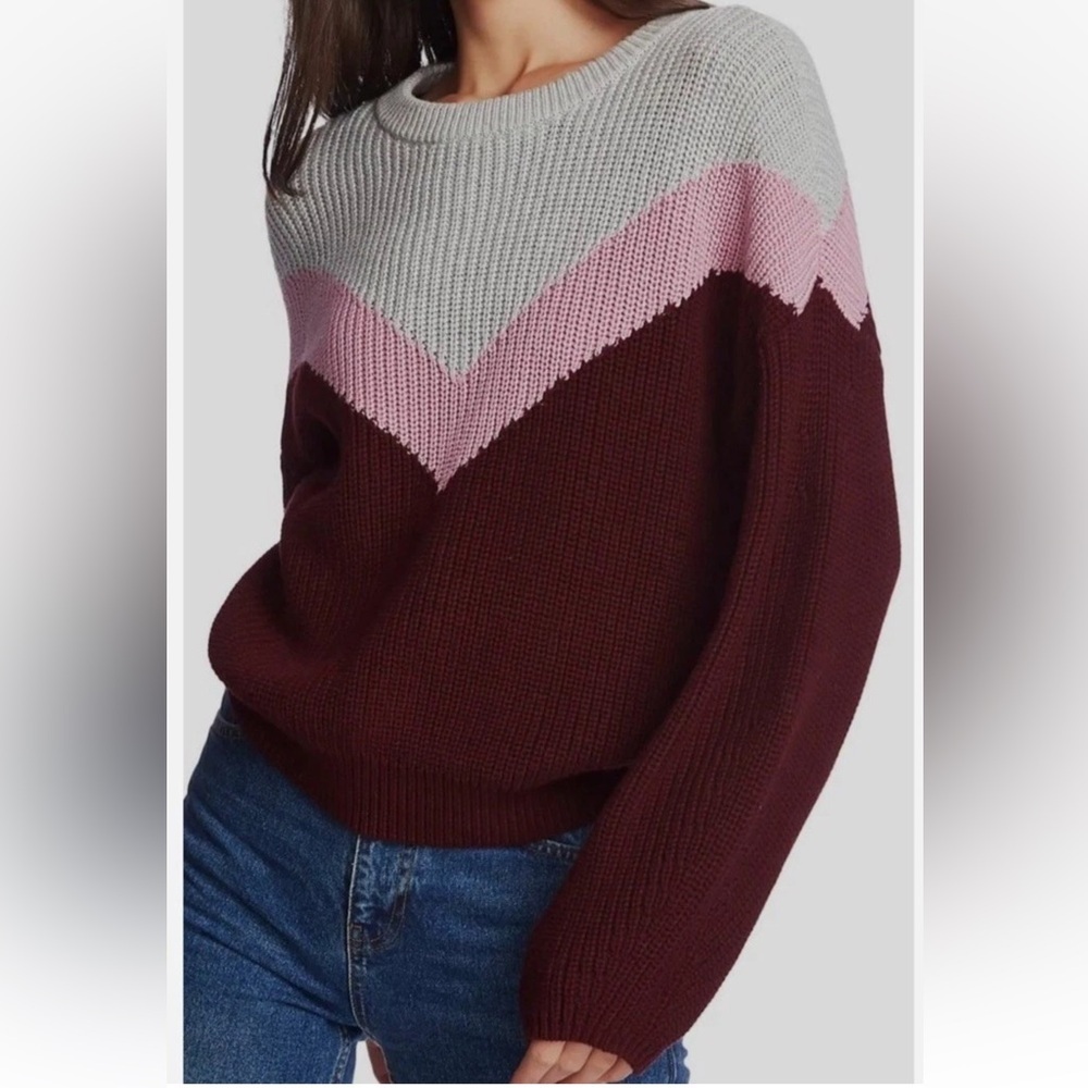 1. STATE Chucky Sweater Colorblock Chevron Knit Crewneck SZ M Burgundy Pink Gray